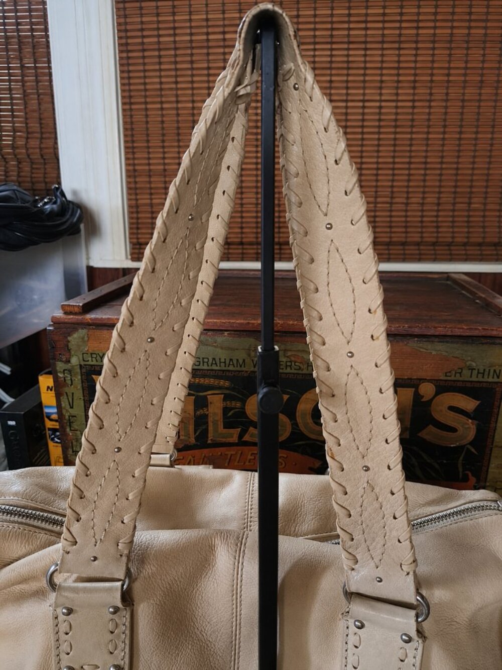 Michael Kors Western Boho Leather Satchel Shoulder Bag Cream Ivory Cargo Pockets - Picture 9 of 13